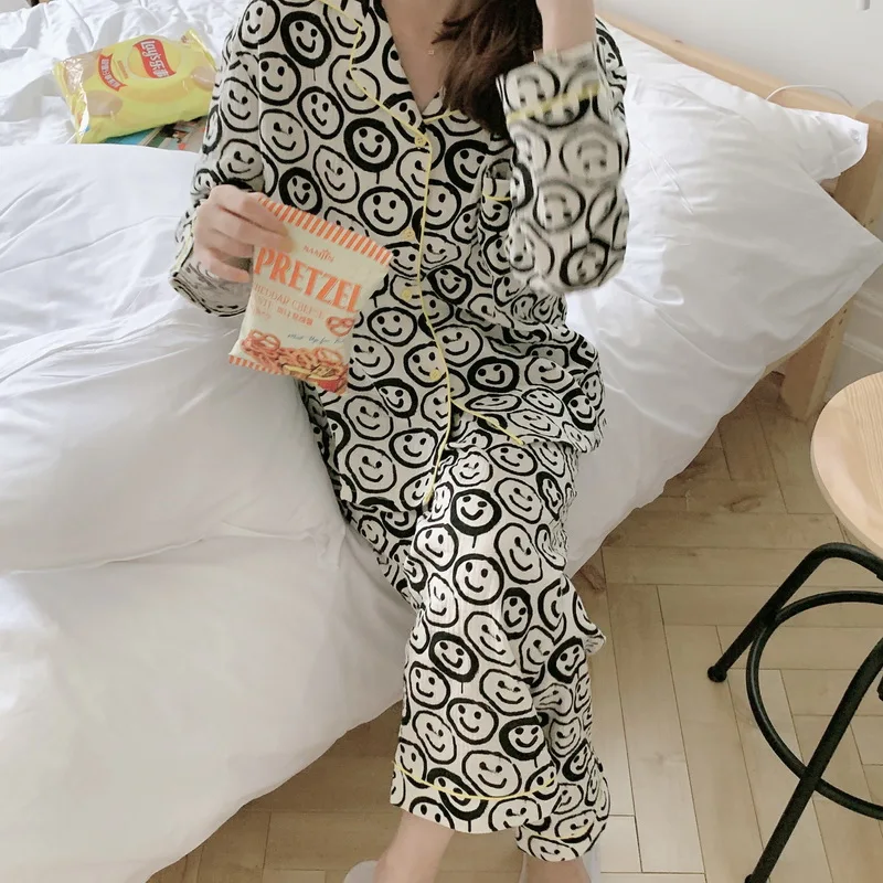 

100% cotton women's home clothes smiling face printes pajamas home suit female spring autumn gauze sleepwear breathable L476
