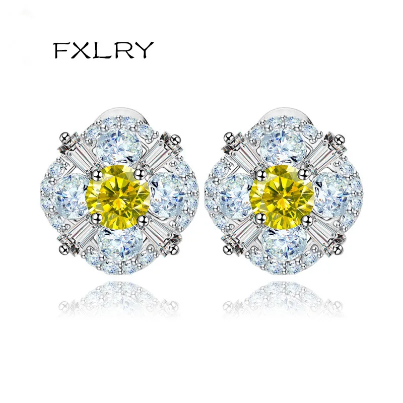 

FXLRY New Design Elegant White Color Cubic Zircon Geometrical Flowers Small Stud Earrings For Girl To Gift Jewelry