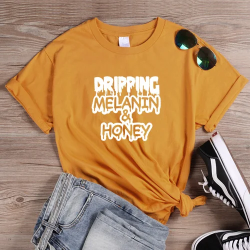 Женские футболки с надписью "Dropping Melanin honey" в стиле Харадзюку, хипстер, уличная хлопковая футболка, графическая футболка - Цвет: Yellow-W