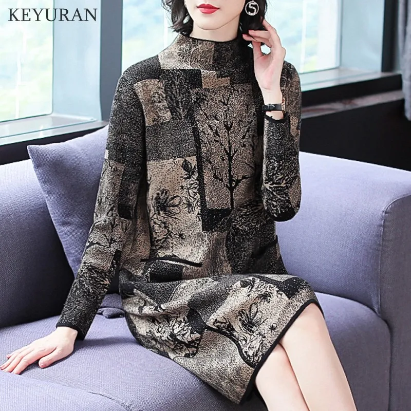 Новинка весна-осень водолазка принт вязаные свитера платье для женщин зима