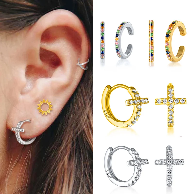 Клипсы для ушей женщин 925 пробы серебряные серьги в виде креста Обручи Золотые