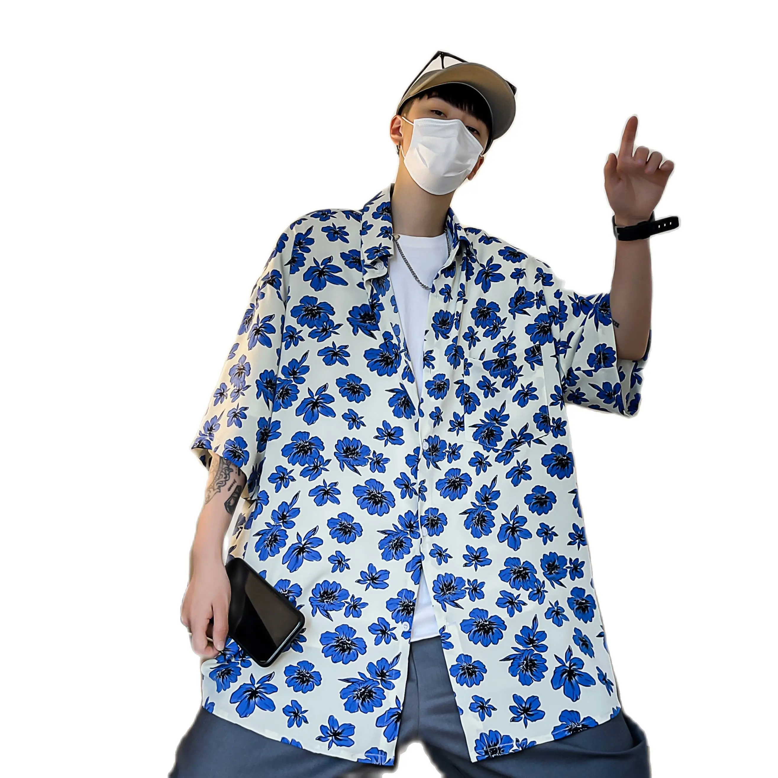 

Summer New Men's Shirt, Korean Print Short Sleeve Shirt, Color: Blue, Green, Pink, Size :M L XL 2XL 3XL 4XL 5XL,