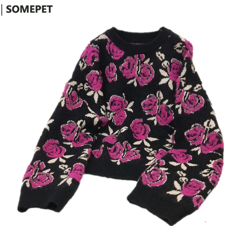 

Vintage Flower Sweater Women Autumn New Knitted Tops O Neck Long Sleeve Retro Loose Pullover Jumpers Sueter Mujer