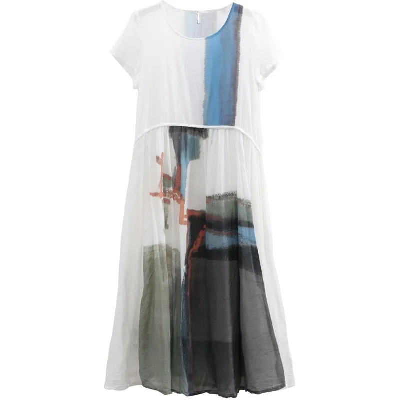 

Женский пуловер в народном стиле с принтом с чернилами, с коротким рукавом, из хлопка и льна, с высокой талией, с большим подолом, свободные п...