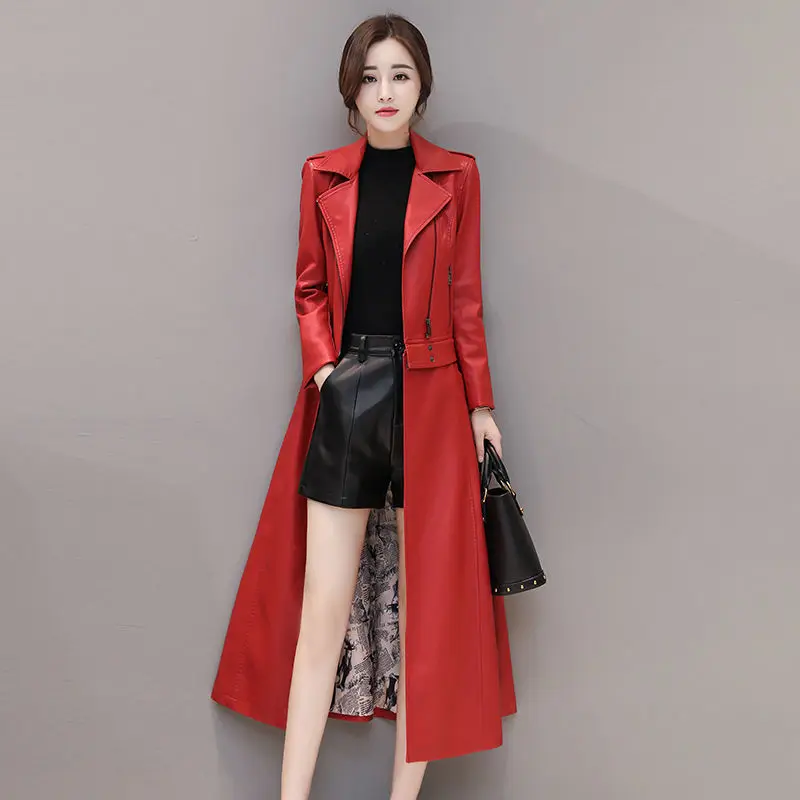 

Brand New Stylish Oversized Black PU Leather Windbreaker Ladies Detachable Long Women's Rag Coat With Belt Spring And Autumn