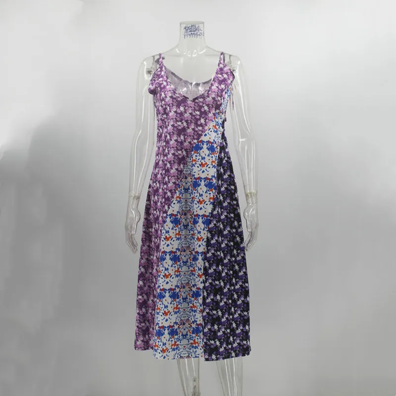 

2021 Summer Sling V-neck Digital Printed Beach Sexy Dress Women Fashion Sleeveless Backless Splicing A-Line Mini Dress Beachwear