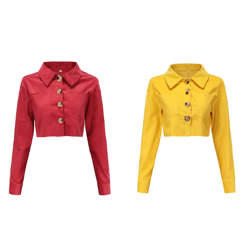 

Women Ladies Short Coat Sexy Corduroy Navel Bare Crop Lapel Long Sleeve Coat Yellow Red