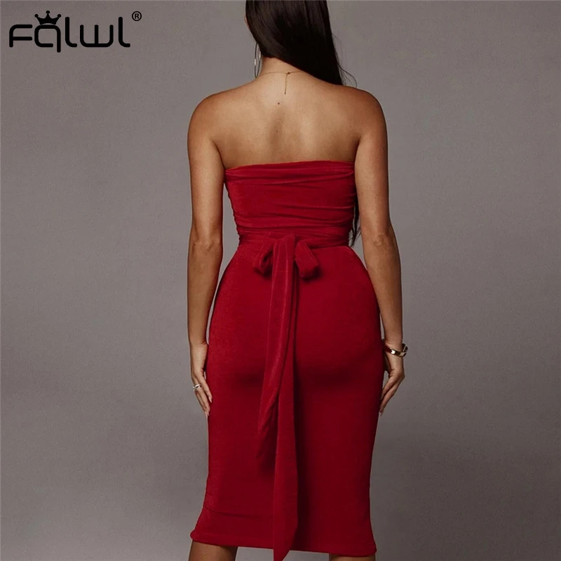 FQLWL Strapless Pink Sexy Bodycon Dress Women Off Shoulder Backless Wrap Midi Autumn Ladies Celebrity Club Party Dresses | Женская