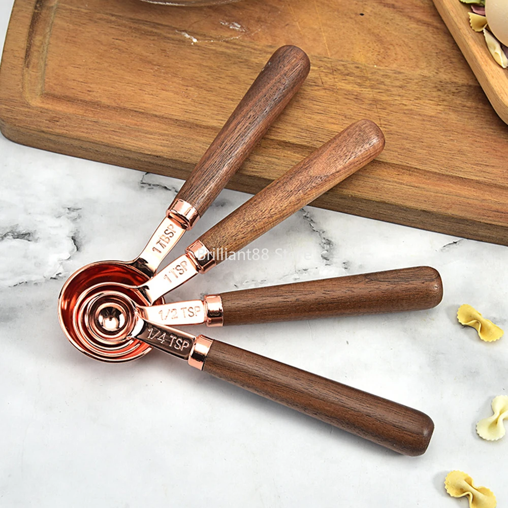 

Kitchen Measuring Tool Plating Measuring Cups Spoon Walnut Wooden Handle Rose Gold Measuring Cups Measuring Spoon Scoop8pcs