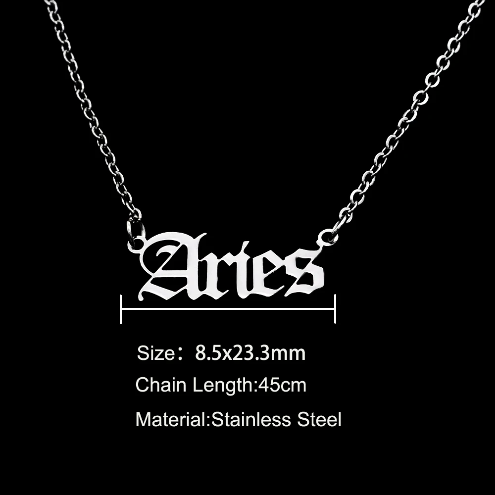 

12pcs/set Wholesale 100% Stainless Steel Old English Zodiac Letter Necklace for Women Aries Horoscope Jewelry In Bulk Necklaces