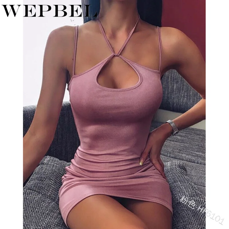 

WEPBEL Women Summer Sexy Sheath Dress Ladies Elegant Sleeveless Halter Cross Bandage Neck Slim Fit Pencil Dress