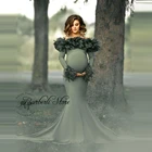 Элегантные платья с длинными рукавами и перьями для беременных женщин с юбкой годе для фотосъемки зеленые платья в пол для будущей мамы на заказ