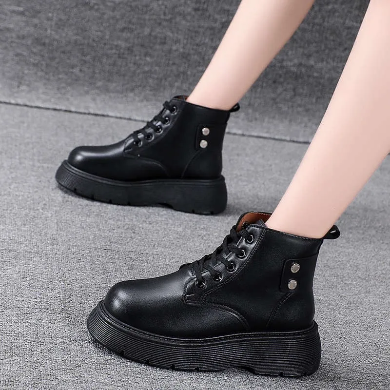 Ankle Boots Women's Flat Platform Shoes Genuine Leather Fashion Platform Short Tube Women's Short Boots 2021