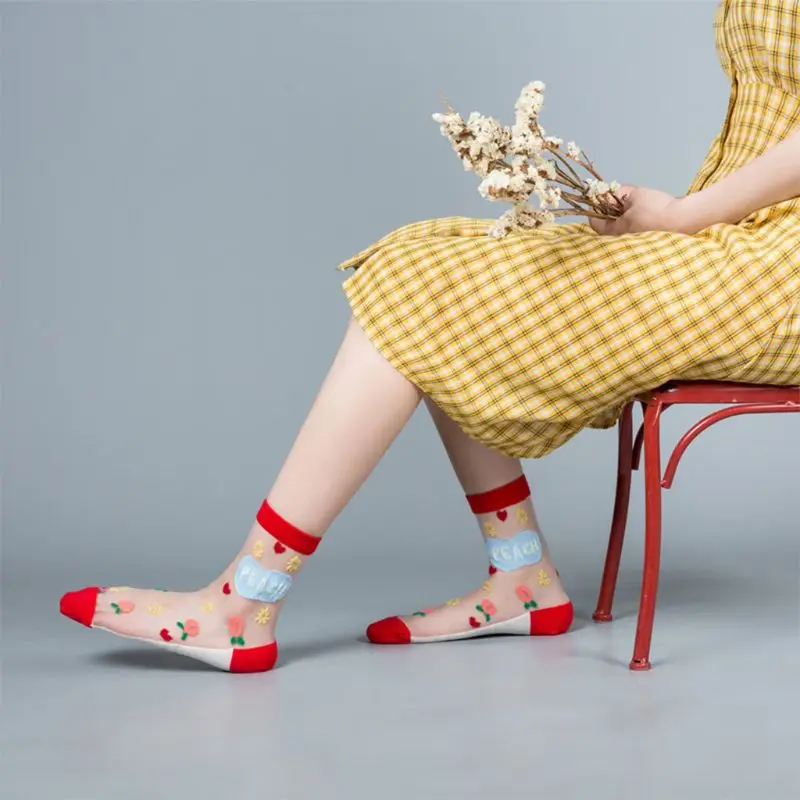 

Японские Женские прозрачные сетчатые носки, кристаллическое волокно, гольфы, цветные Мультяшные фрукты, жаккард, Харадзюку, скейтборд, сред...