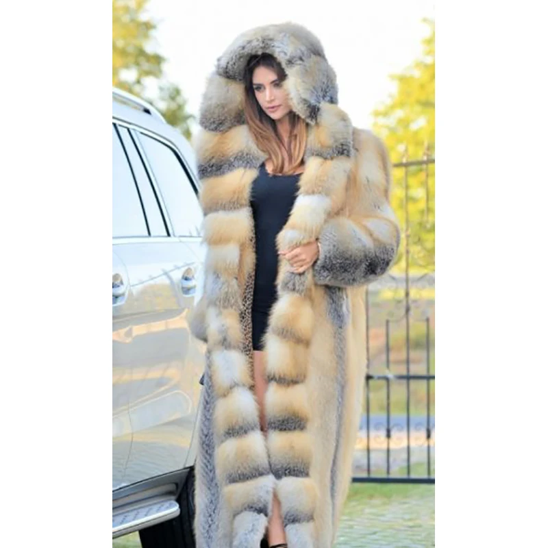 FURSARCAR Luxurious Women Real Natrual Fox Fur Jacket With Hood 130cm X-Long Plus Size 2021 New Women Winter Fur Coat