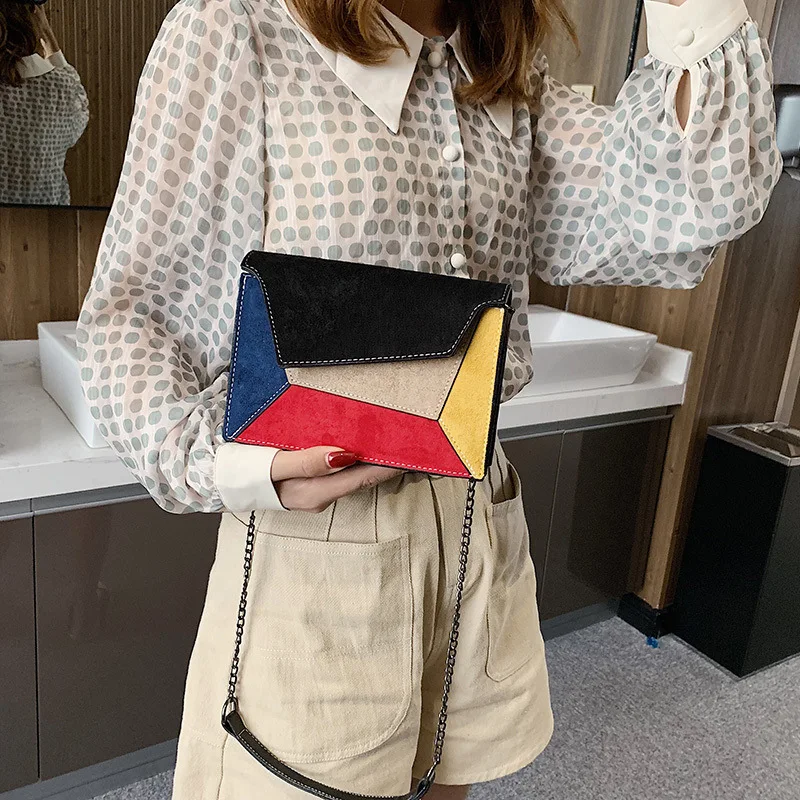 

Women Retro Matte Patchwork Crossbody Bags Colourful Geometric Criss-cross Small Chains Shoulder Bag PU Handbag Fashion Designer