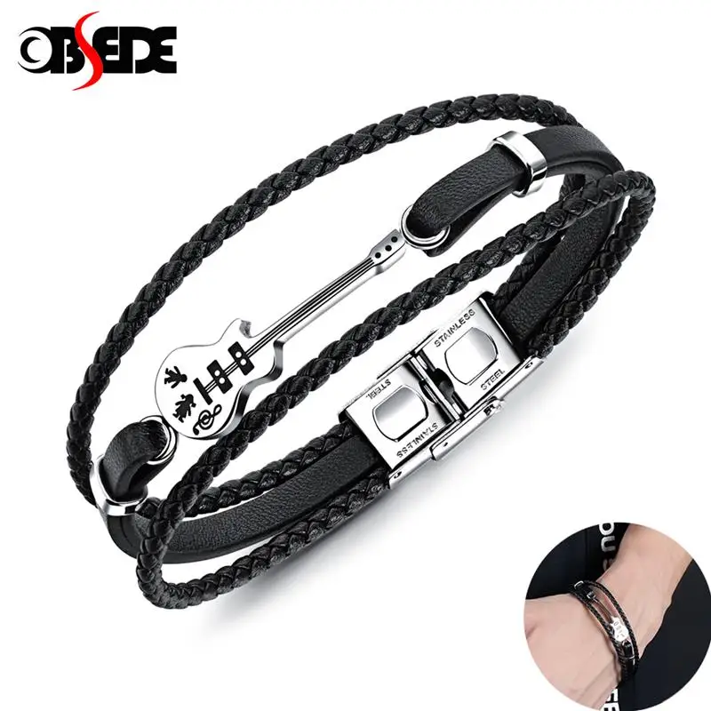OBSEDE уникальный браслет гитара мужские Многослойные плетеные кожаные браслеты