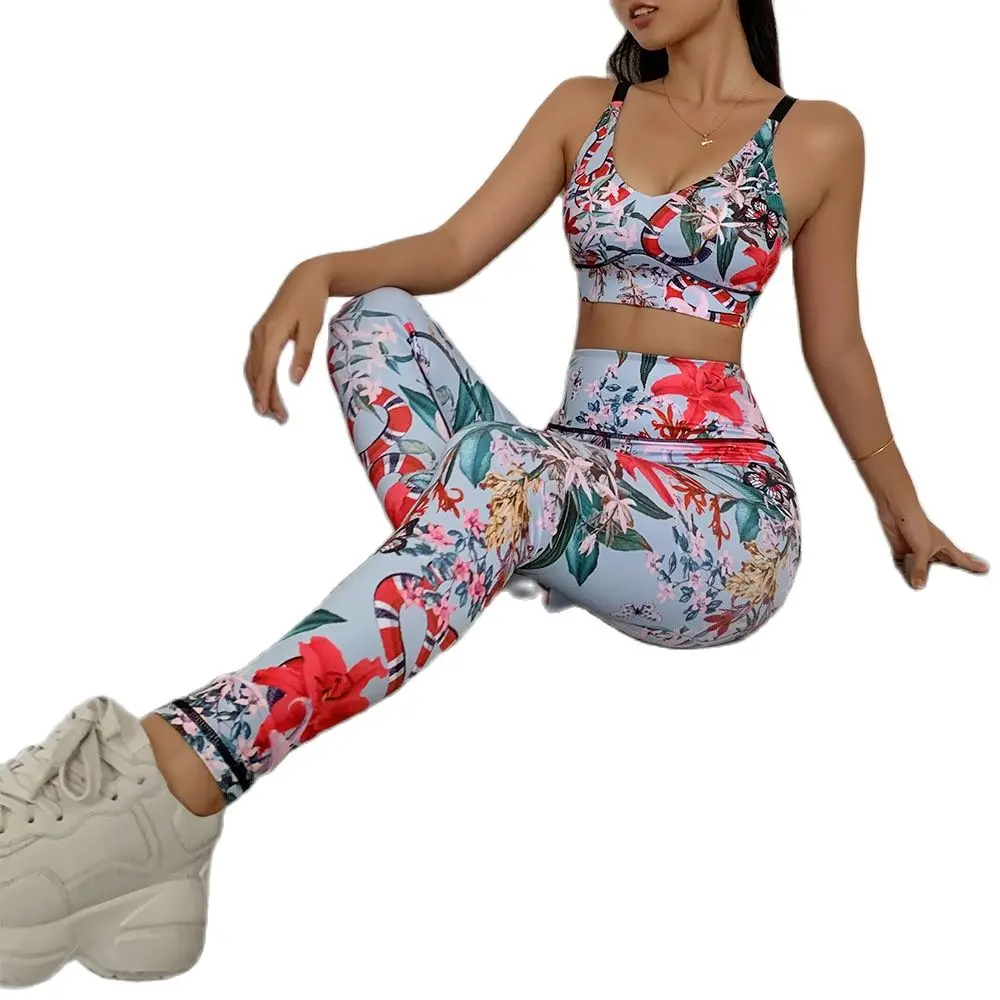 

#402 two piece set womenElastic Compression Leggings Printing Floral Running Jogger Fitness Gym Workout Outfit sports suit women