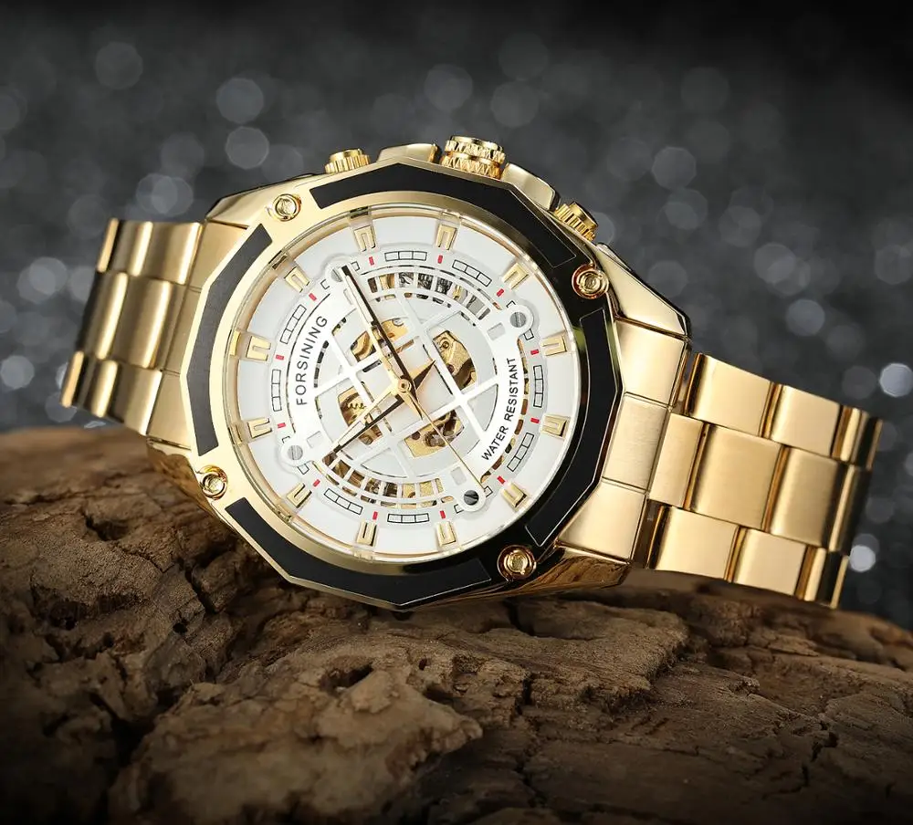 Лидирующий бренд Forsining военные золотые черные часы модные из нержавеющей стали