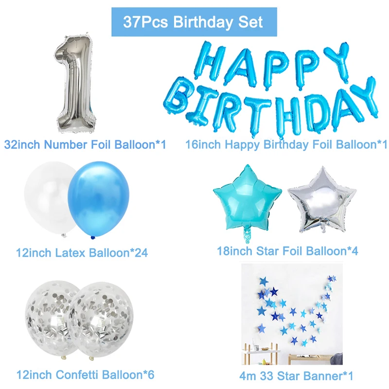 37 шт. синие латексные воздушные шары с серебряным номером 1 украшения для первого