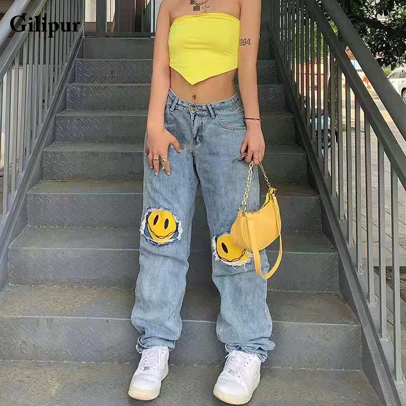 

Printed Jeans Women Fashion Mom Jeans Baggy Straight Leg Pants Blue Loose Ripped Denim Trousers Long High Waist Jeans Streetwear