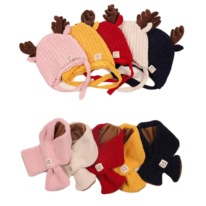 

Hot Sale Xmas Hat Baby Knitted Hat and Scarf Set Soft Winter Warm Deer Antlers Beanie Cap with Neck Warmer Set for Girls Boys