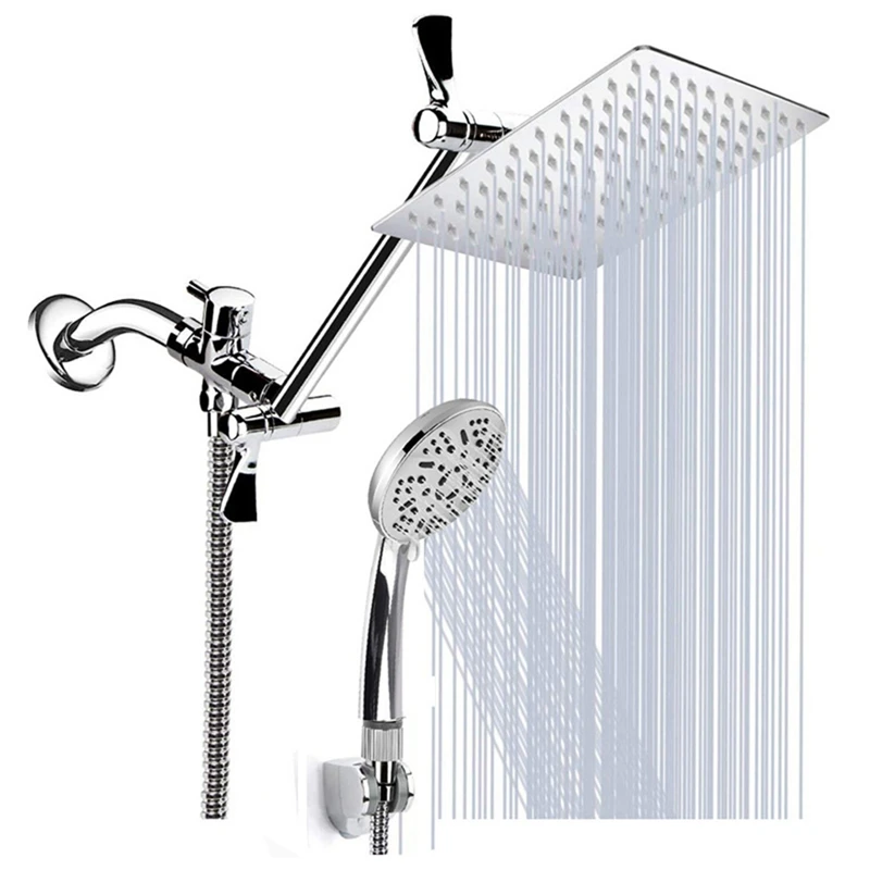 

HOT 8 Inch Rainfall Stainless Steel Fixed Shower Head/Handheld Showerheads Combo 9 Settings With Extension Arm, Chrome