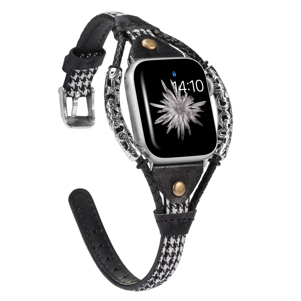 Grid Винтажный кожаный ремешок для Apple Watch Band женский твист полоса ремешок заклепки с металлической веревкой браслет нарядный стильный iwatch серия - Цвет ремешка: Grid