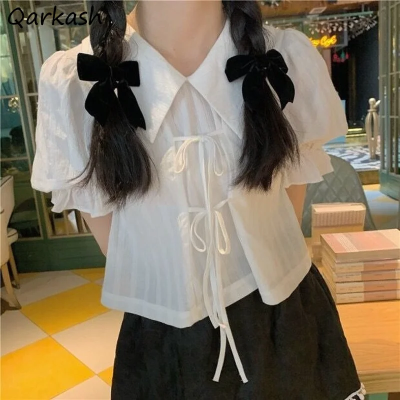 

Blouses Women Fashion Solid Turn-down Collar Short Puff Sleeve Loose Casual All-match Ulzzang Student Sweet Creativity Tops Lady