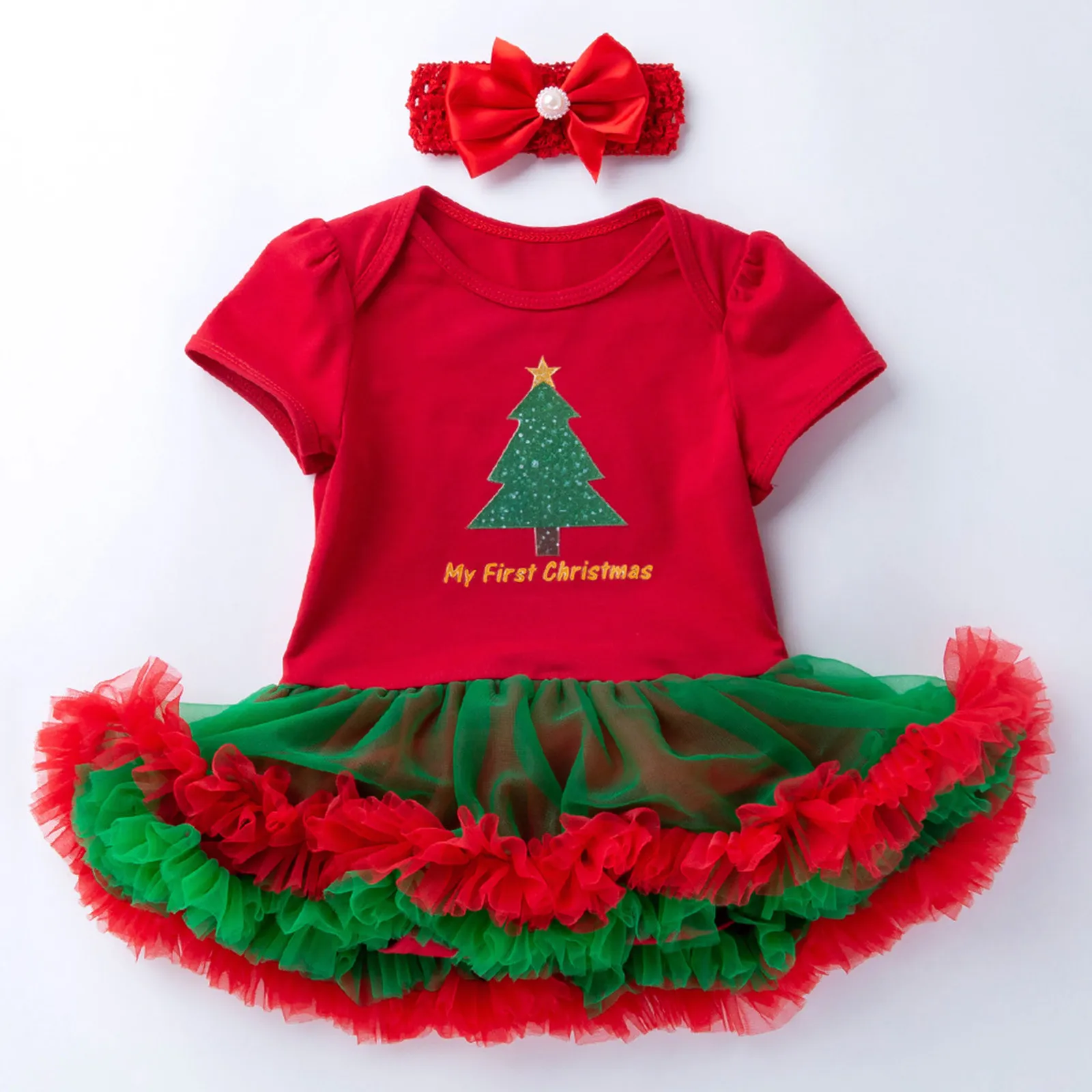 

3-24 Months Girls' suits Christmas Children's Long Sleeve Christmas Print Lace Romper + Turban Two-piece Set