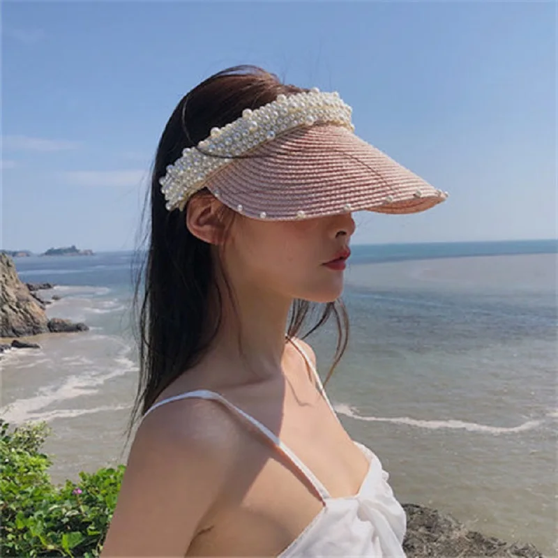 

2021New Panama Women's Summer Sun Hat Straw Straw Hat Women's Sunscreen Beach Sunscreen Pearl Empty Top Hat