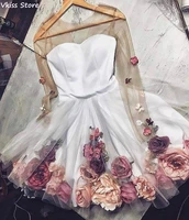 2020 new cocktail dress flowers white mini skirt short long sleeves v neck princess lxury evening formal dress robe de soir%c3%a9e