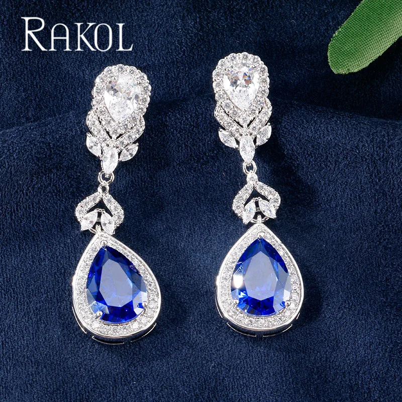 Женские Висячие серьги с фианитом RAKOL синие каплями воды для свадебного обеда