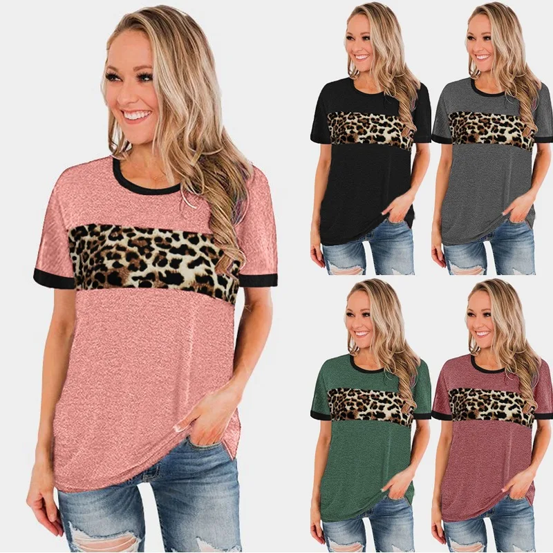 

2021 women's spring and summer new round neck leopard stitching short sleeve T shirt top топ camisetas de mujer y2k anime
