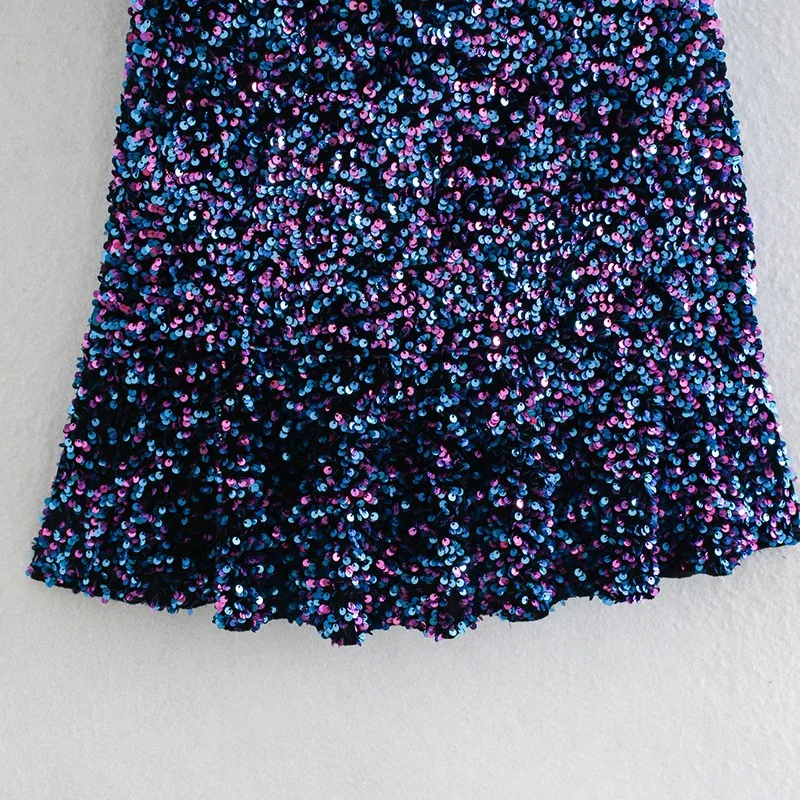 

Alldoke 2021 Blue Sexy Sequined Dress Summer Women Square Collar Puff Sleeve Mini Dress High Waist Ruffle Dresses Femme Vestidos