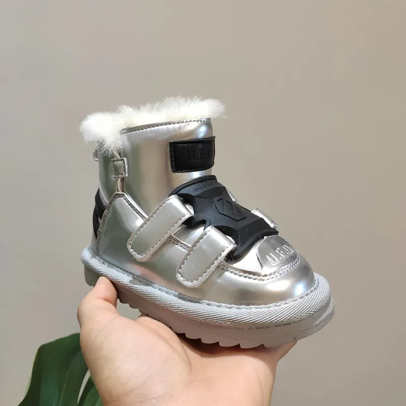 

2021 Winter Children Shoes Mirror Microfiber Leather Kids Baby Boots Waterproof Non-slip Warm Wool Snow Boots for Boys Girls