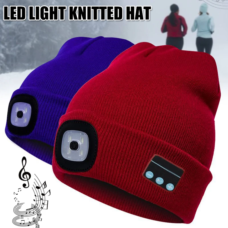 

Bluetooth Beanie Hat with LED Headlight Lighted Beanie Cap Rechargeable with Wireless Bluetooth Winter Warm Knit Hat New