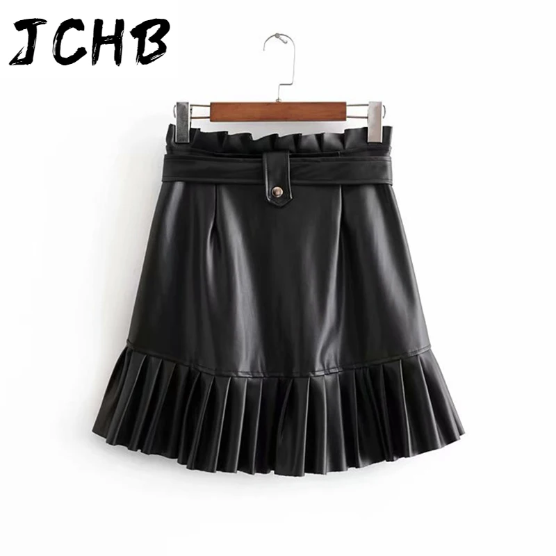 

JCHB Women Chic PU Leather Pleated Skirt 2021 Ruffles Tie Belt Waist Pocket Skirt Zipper Ladies Elegnt Mini Skirts Jupe Femme