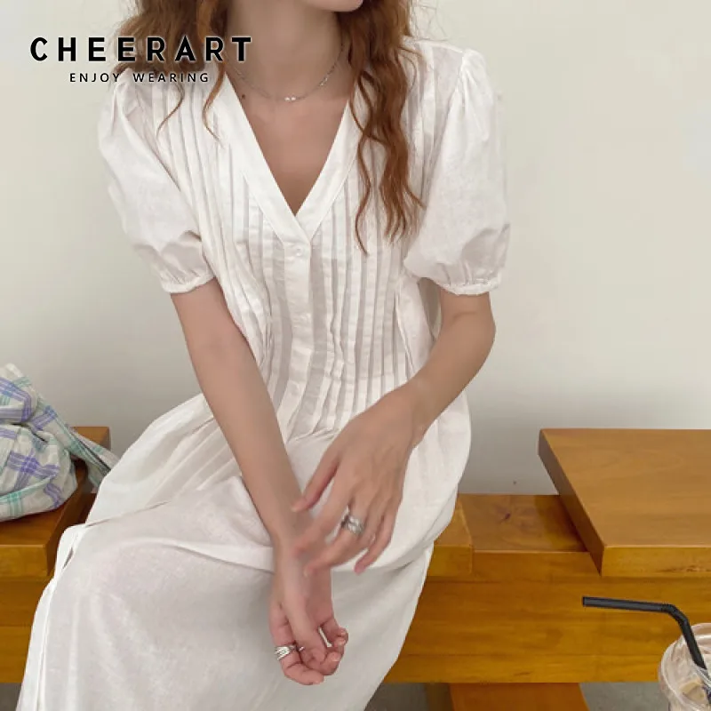 

CHEERART Ruched Puff Sleeve Dress Women White V Neck Long Midi Loose Short Sleeve Pink Button Up Korean Summer Dress 2020 Black