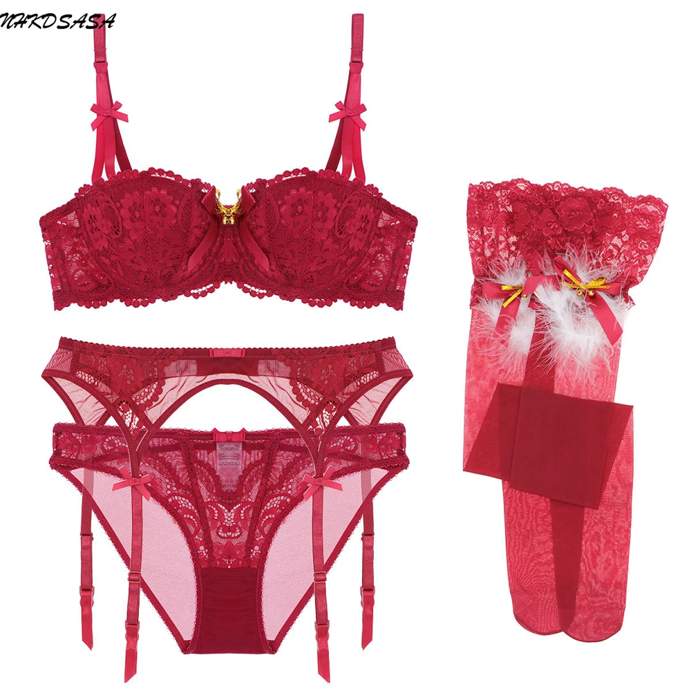 

NHKDSASA Brand Women's Lingerie Set Bras+Panties+Garters+Stockings Set Fancy Underwear Christmas Gift From Man Sexy Intimate