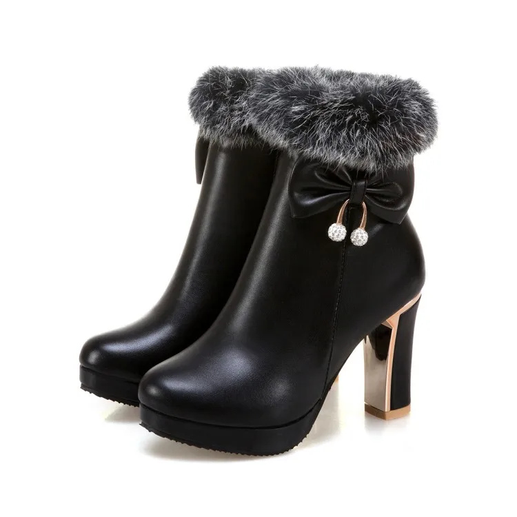 Сапоги большого размера из кроличьей шерсти на высоком каблуке теплые плюшевые