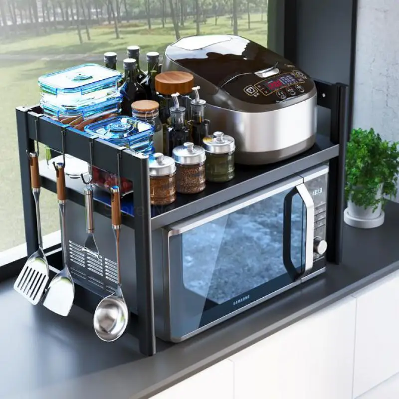 Черная Алюминиевая кухонная полка для микроволновой печи Двухуровневая 2