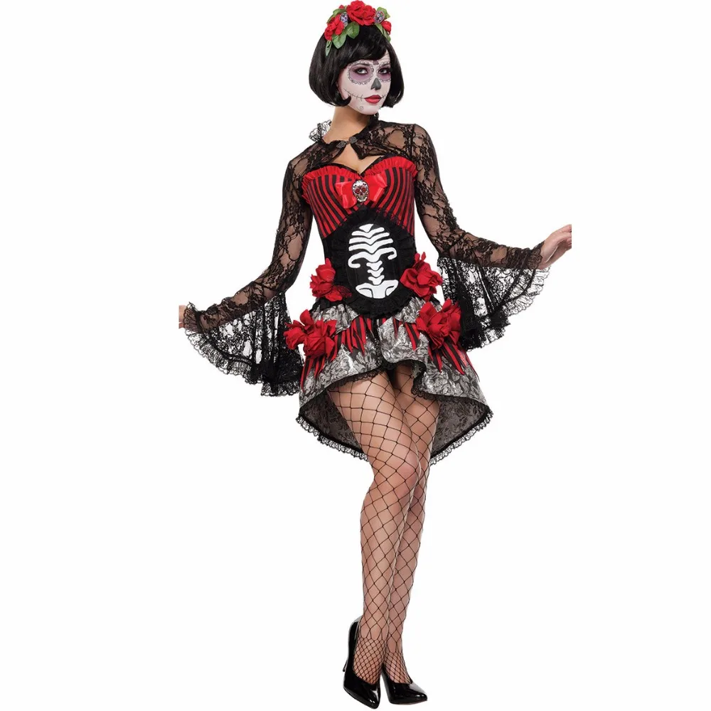 

New Adult Skeleton Day of The Dead Costume Women's Sexy Sugar Skull Dia Flower Fairy Halloween ghost vampire bride Fancy Dress