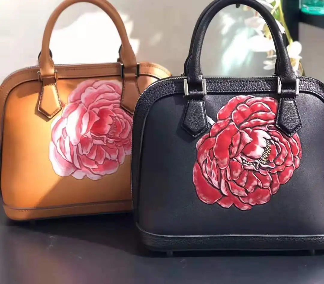 

Genuine Leather Shoulder Bag Lady Flower Handbag Cotton Fashion Business Hand Painted Tote