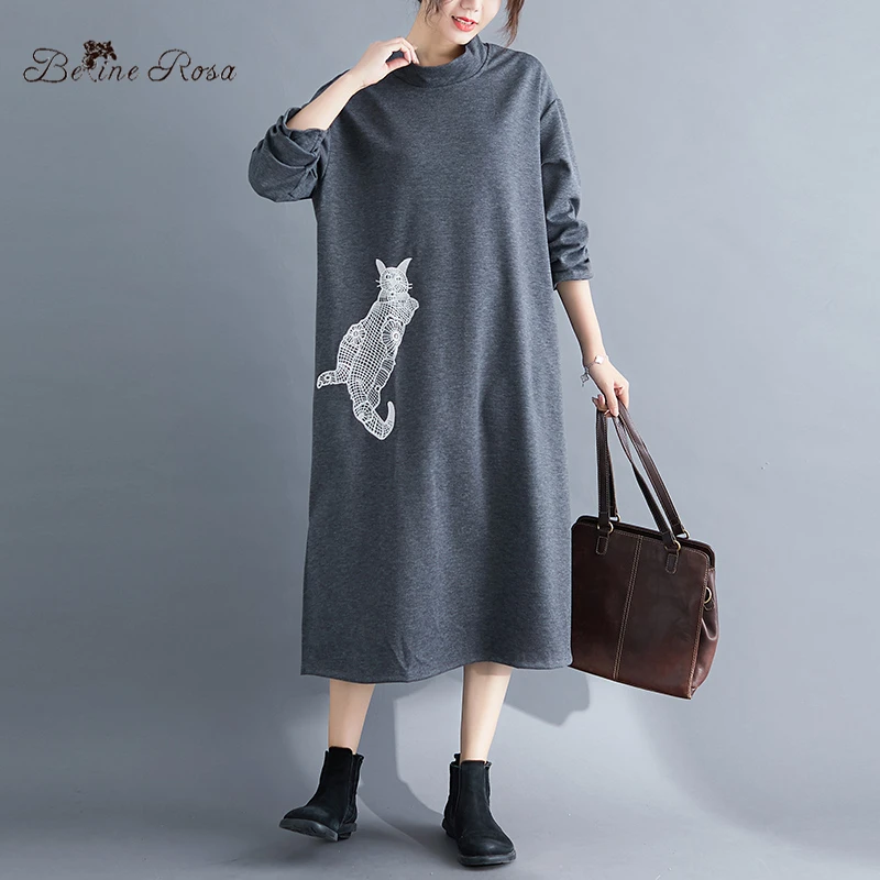 BelineRosa Kawaii Cat Вышивка Осень Зима Женская Одежда С Длинным Рукавом Плюс Размер