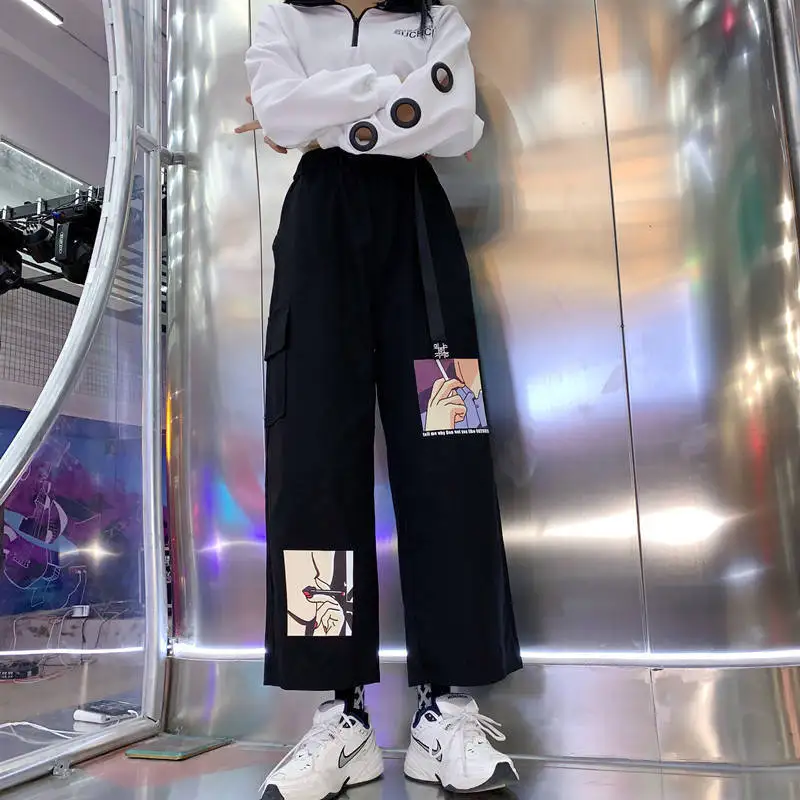 

Anime Print High Waist With Belt Wide Leg Baggy Pants Women's Joggers Pants Korean style Fashion Trousers Harajuku Loose Pants