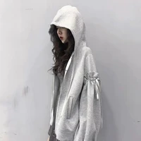 houzhou harajuku korean style loose fleece zip up gray hoodies women lantern sleeve all match overisze casual sweatshirt female