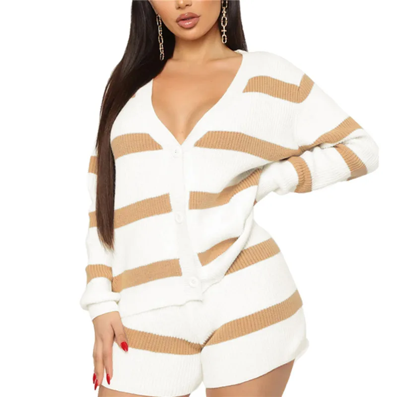 

MY Womens Two Piece Outfits Long Sleeve V Neck Striped Button Down Cardigan and Shorts Set 2 Piece Sets Womens Outfits