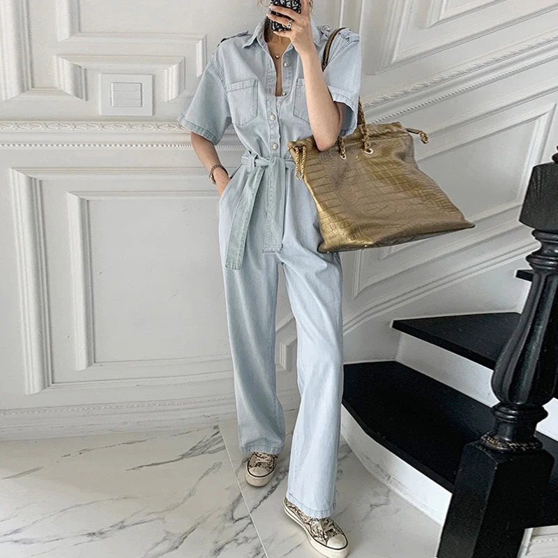 

Комбинезон с поясом женский, однобортный прямой Повседневный свободный ромпер с коротким рукавом, модная одежда, на лето