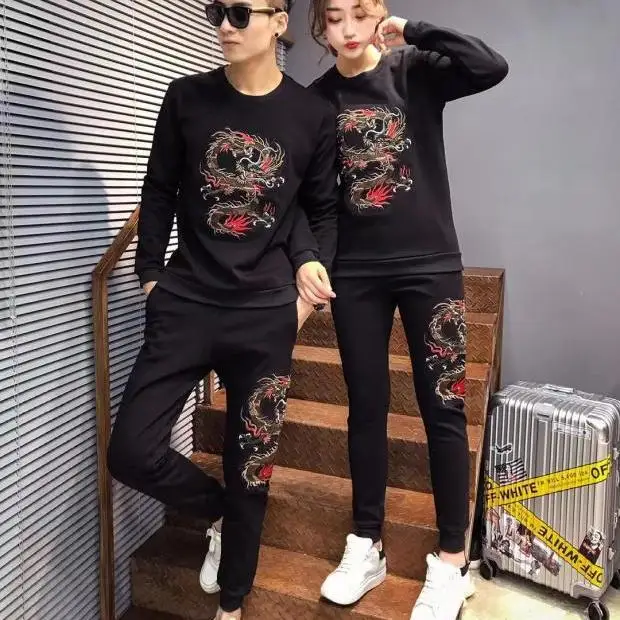 

Chinese wind dragon embroidery leisure sports two-piece men's autumn and winter new social net red guy long sleeve vests Outfits
